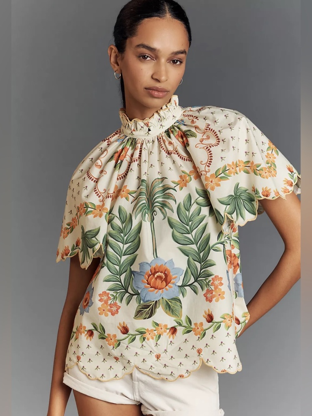FARM Rio Short-Sleeve High-Neck Printed Blouse Size Small